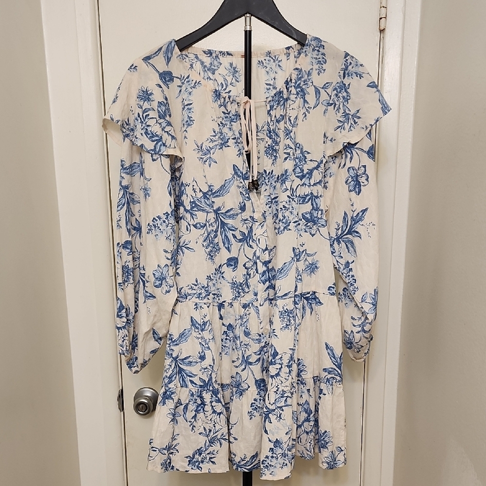 Free People Blue Floral Long Sleeve Boho Mini Dress Size Small - Picture 4 of 13